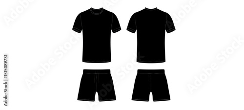 Black T-Shirt and Shorts Set Mockup Template – Front and Back View. Vector Illustration.
