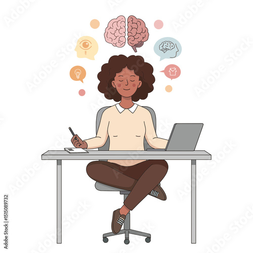 A female office worker meditates at her desk in a modern workspace