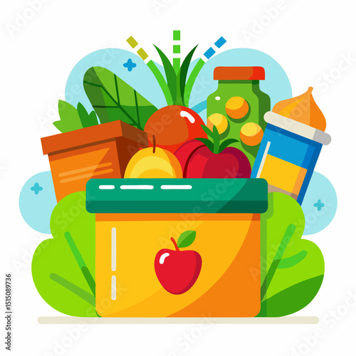 Vector illustration of a donation box filled with vegetables fruits and canned goods