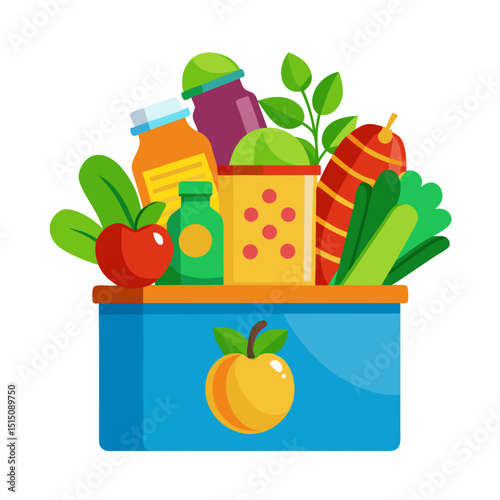 Vector illustration of a donation box filled with vegetables fruits and canned goods