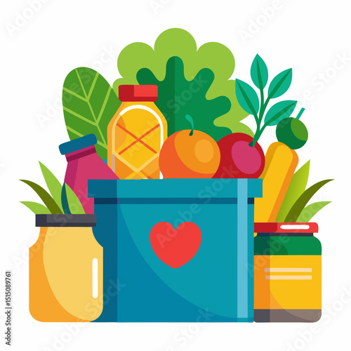 Vector illustration of a donation box filled with vegetables fruits and canned goods