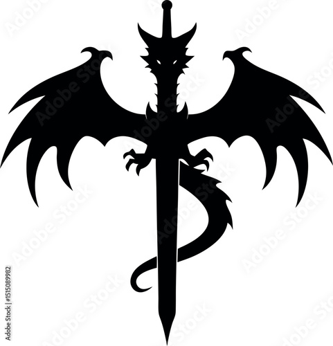 Fierce Dragon Wrapped Around Sword Design for Tattoos and Illustrations Pro Vector

