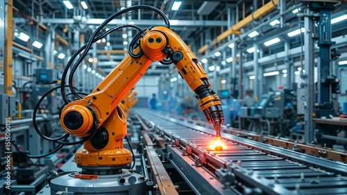Robotic arm welding on automated assembly line
