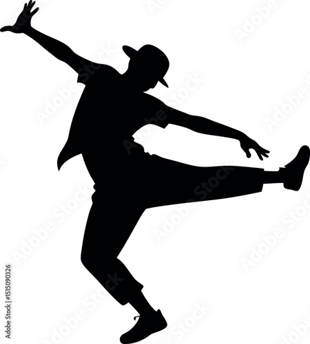 Silhouette of male dancer performing a jump in a dance pose with arms outstretched and legs split in air against white background. The dancer is captured mid-air showcasing his athleticism and grace