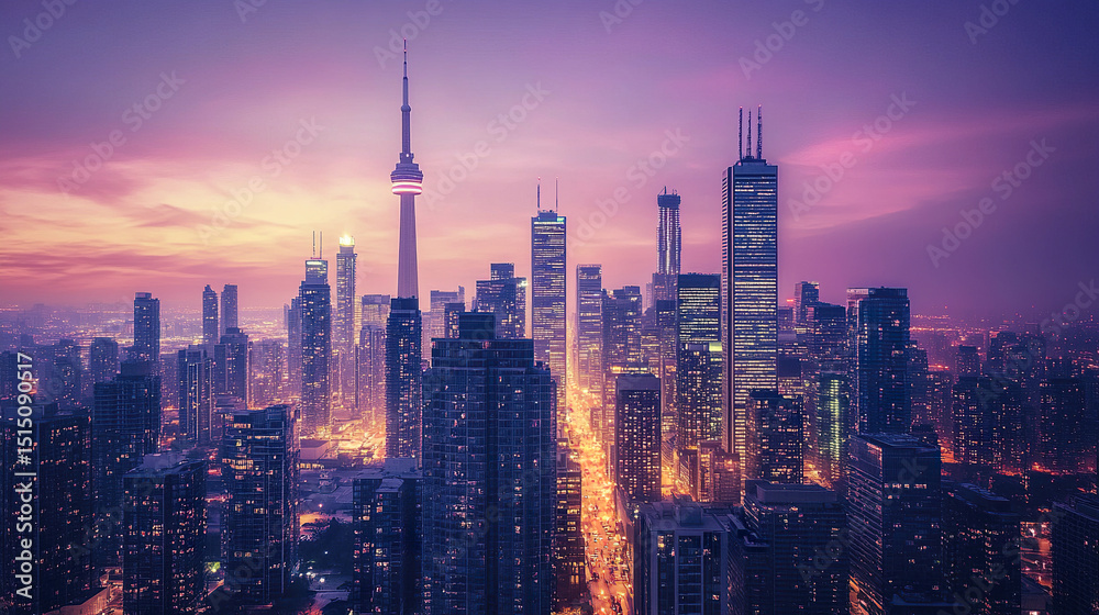 Obraz premium vibrant city skyline at dusk showcasing tall buildings and beautiful sunset