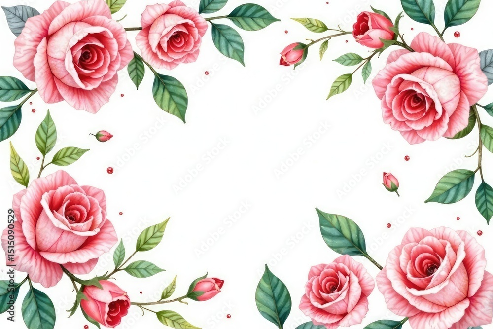 Naklejka premium Delicate watercolor roses & leaves, repeating floral design, bloom, pretty, seamless