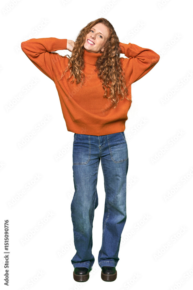 Full-body redhead portrait stretching arms, relaxed position. Full-body redhead portrait stretching arms, relaxed position.