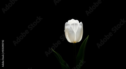 Elegant White Tulip Blossom Isolated Against Pure Black Background