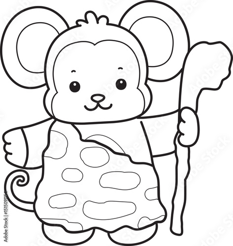 Outline of Cute Monkey icon. Lineart of Funny baby Monkey animal series stock illustration.