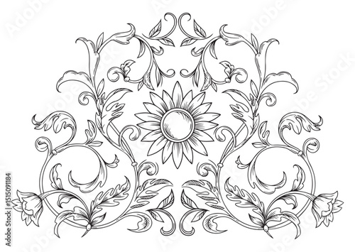 Baroque Scroll symmetric element engraving Ornament. Victorian filigree decoration element, Floral flourish Graphic vector illustration