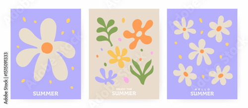 Lively summer posters with bold abstract florals, tropical plants, and cheerful messages like “Hello Summer” and “Enjoy the Summer.” Perfect for branding, invites, wall art, and vibrant summer vibes.