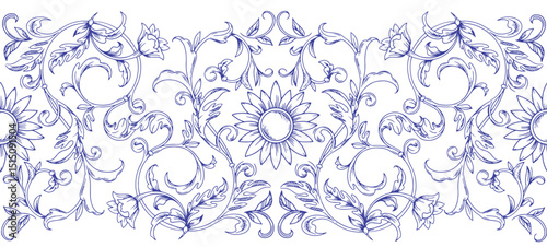 Baroque Scroll seamless border of engraving Ornament. Victorian filigree decoration, Floral flourish Graphic vector illustration
