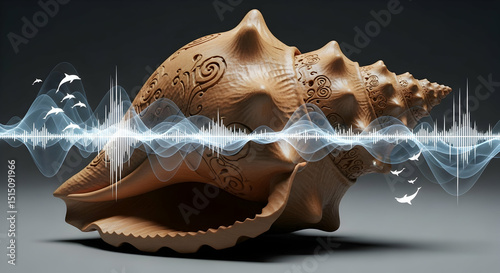 Abstract Composition Of Conch Shell And Sound Waves On Grey Surface