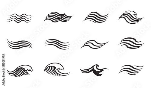Collection of stylized black and white wave designs and swirls on a white background