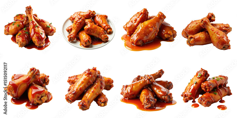 Variety of Delicious Chicken Wings in Assorted Arrangements Featuring Saucy Coating and Tasty Garnishes Set Against a transparent Background Ideal for Culinary Presentations Variety of Delicious Chicken Wings in Assorted Arrangements Featuring Saucy Coating and Tasty Garnishes Set Against a transparent Background Ideal for Culinary Presentations