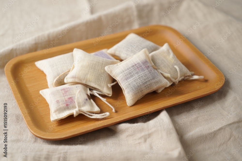 Natural Scented Sachets in Fabric Pouches on Wooden Tray, Eco-Friendly Aromatherapy Home Decor, Organic Fragrance Display Natural Scented Sachets in Fabric Pouches on Wooden Tray, Eco-Friendly Aromatherapy Home Decor, Organic Fragrance Display