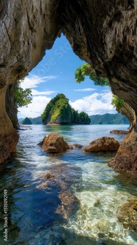 Scenic coastal landscape framing island through natural rock archway in tropical paradise