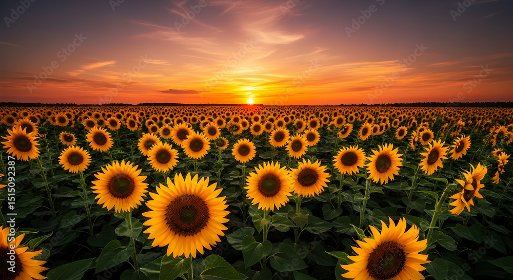 Obraz premium Sunflower Field At Sunset With The Horizon Painted In Fiery Colors