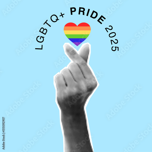 Halftone human hand and rainbow Pride flag heart shape isolated on blue background. Trendy collage cut out paper element for Pride Month banner, poster, card. Vector k-pop finger heart gesture