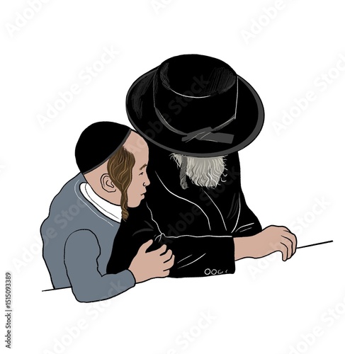 Ink illustration of a Hasidic Jewish man and young boy sitting closely together. The child rests his hand affectionately on the man's arm. Isolated on white background.