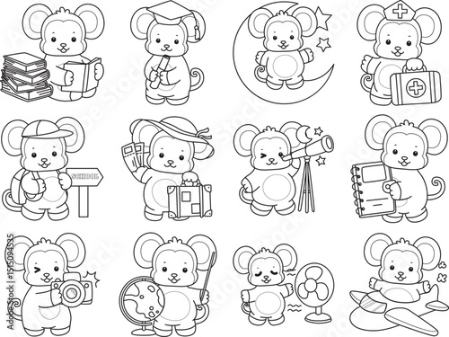 Outline of Cute Monkey icon. Lineart of Funny baby Monkey animal series stock illustration.