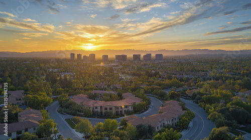 Aerial view of sunset over downtown skyline of Irvine, California, showcasing vibrant colors photo
