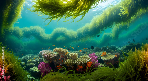 Underwater Eden Vibrant Coral Reef With Lush Algae Growth And Marine Life