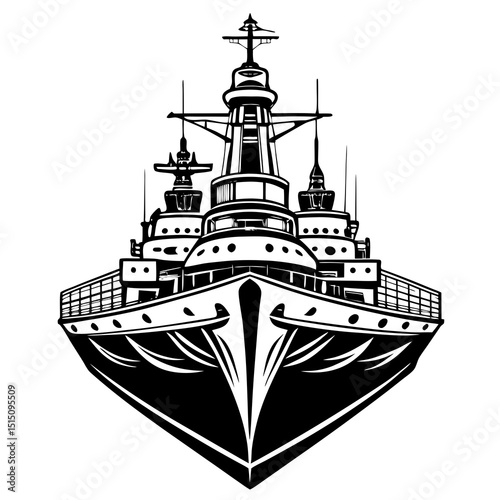 Black and White Vector Illustration of a Military Battleship"
