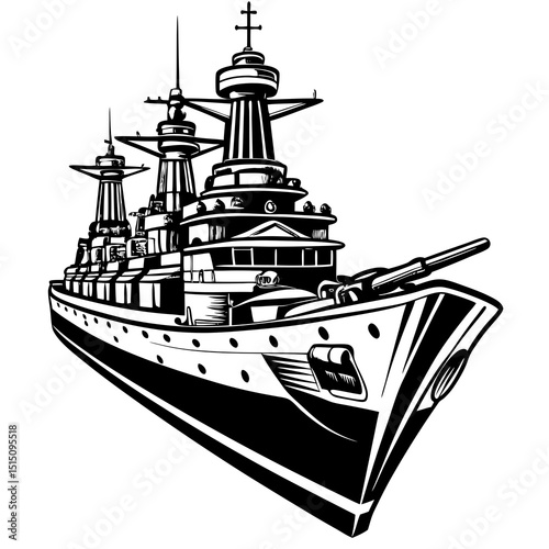 Black and White Vector Illustration of a Military Battleship"