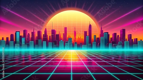 vibrant retro 1980s neon grid landscape with glowing sunset