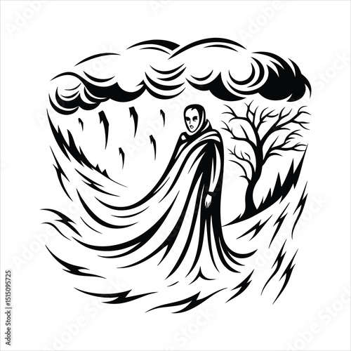 Vampire with long cloak swirling  thunderstorm