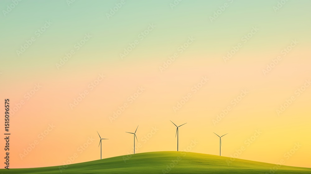 Fototapeta premium Renewable energy, wind power, sustainable energy, clean energy, eco friendly, environmental conservation, landscape, nature, sunset, hill, field, green, technology, alternative energy
