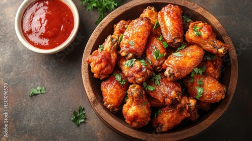 Spicy buffalo chicken wings in a rustic wooden bowl on dark slate background. Glossy red hot sauce with parsley garnish. Craveable comfort and indulgent sharing. Ideal for menus, ads