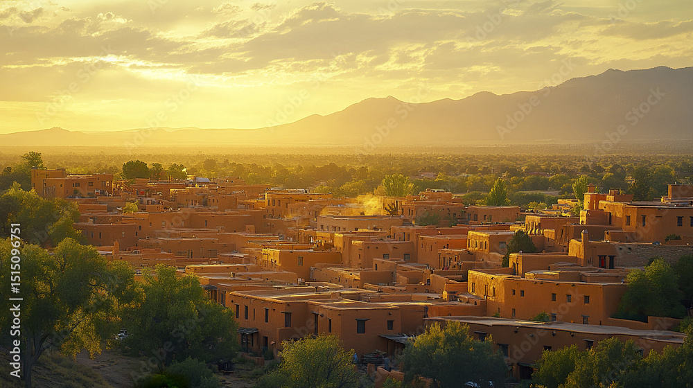 Obraz premium Sunset over traditional pueblo architecture in Santa Fe, New Mexico, creates warm atmosphere