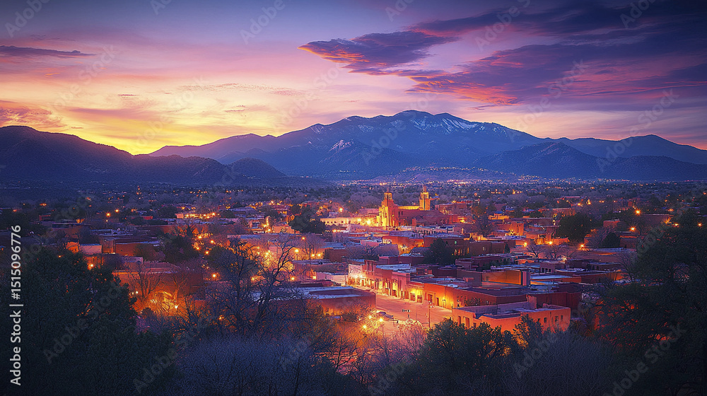 Fototapeta premium picturesque sunset view of Santa Fe, New Mexico, showcasing traditional architecture and vibrant