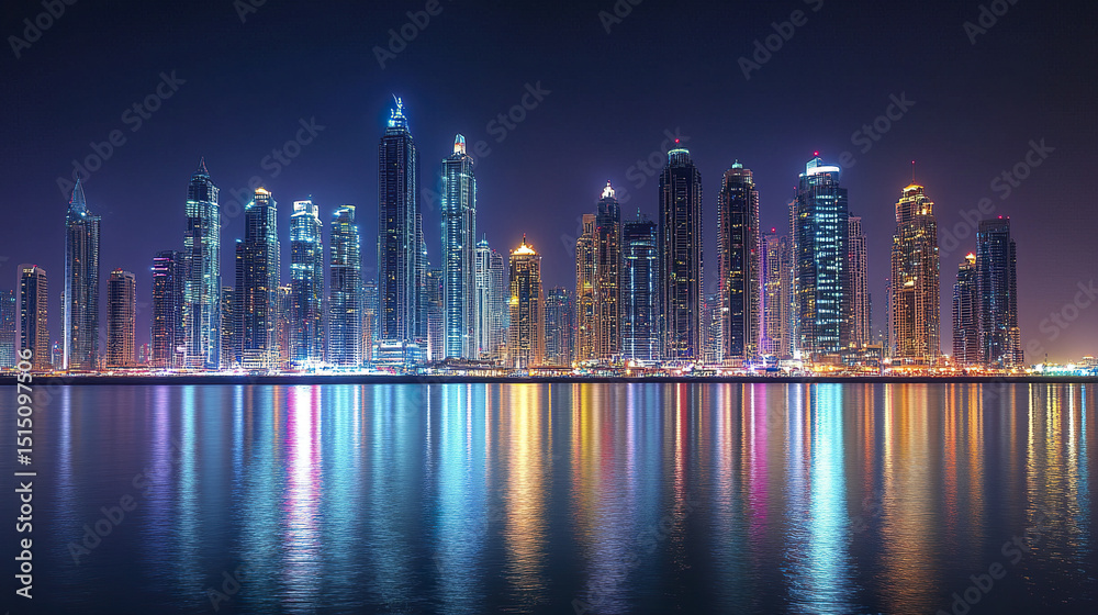 Fototapeta premium stunning city skyline at night, showcasing vibrant lights reflecting on water