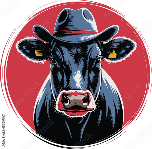 cow vector: Cow wearing a hat with a red circle vector suitable for t-shirt design, wall mate illustration isolated on white background.