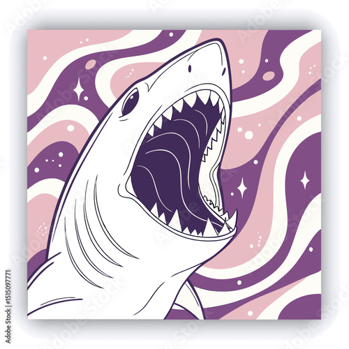 A large, stylized, open mouth with sharp, pointed teeth is the central subject. The teeth and mouth are rendered in white, with dark interiors, set against a background of swirling, abstract patterns