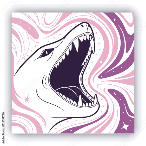 A large, stylized, open mouth with sharp, pointed teeth is the central subject. The teeth and mouth are rendered in white, with dark interiors, set against a background of swirling, abstract patterns