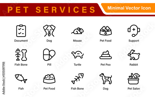Pet Services and Animal Care Icon Set – Minimal Line Vector Illustrations for Pet Sitting, Grooming, Veterinary, Training, and Animal Health Projects