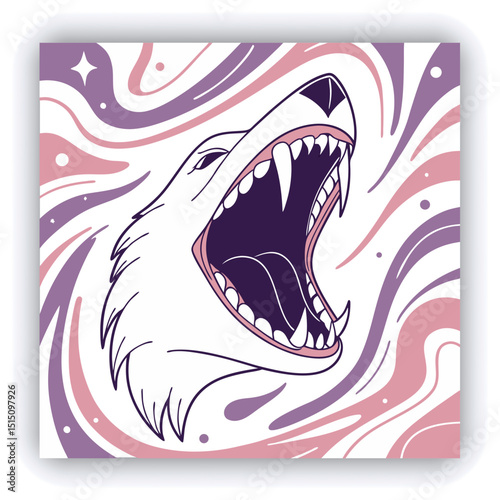 A large, stylized, open mouth with sharp, pointed teeth is the central subject. The teeth and mouth are rendered in white, with dark interiors, set against a background of swirling, abstract patterns