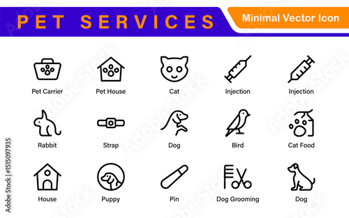 Pet Services and Animal Care Icon Set – Minimal Line Vector Illustrations for Pet Sitting, Grooming, Veterinary, Training, and Animal Health Projects