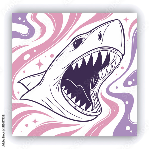 A large, stylized, open mouth with sharp, pointed teeth is the central subject. The teeth and mouth are rendered in white, with dark interiors, set against a background of swirling, abstract patterns