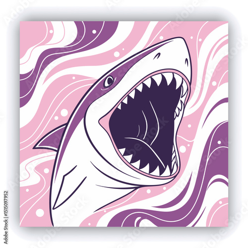 A large, stylized, open mouth with sharp, pointed teeth is the central subject. The teeth and mouth are rendered in white, with dark interiors, set against a background of swirling, abstract patterns