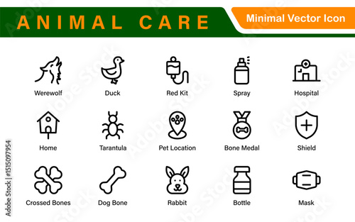Pet Services and Animal Care Icon Set – Minimal Line Vector Illustrations for Pet Sitting, Grooming, Veterinary, Training, and Animal Health Projects