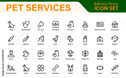 Pet Services and Animal Care Icon Set – Minimal Line Vector Illustrations for Pet Sitting, Grooming, Veterinary, Training, and Animal Health Projects