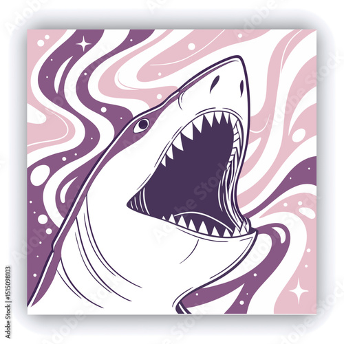 A large, stylized, open mouth with sharp, pointed teeth is the central subject. The teeth and mouth are rendered in white, with dark interiors, set against a background of swirling, abstract patterns