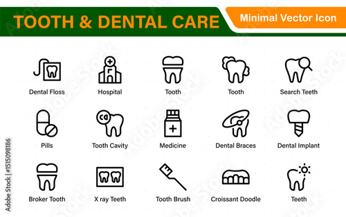 Complete Tooth and Dental Care Icon Collection. Perfect for Oral Hygiene, Dentist Tools, Preventive Measures, Whitening Solutions, and Comprehensive Dental Care