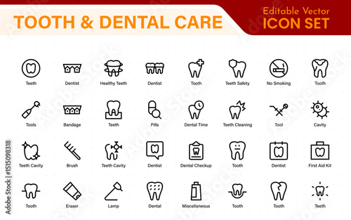 Complete Tooth and Dental Care Icon Collection. Perfect for Oral Hygiene, Dentist Tools, Preventive Measures, Whitening Solutions, and Comprehensive Dental Care