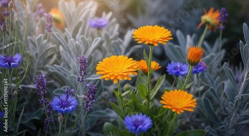 Vibrant yellow and purple flowers blooming in a lush garden  